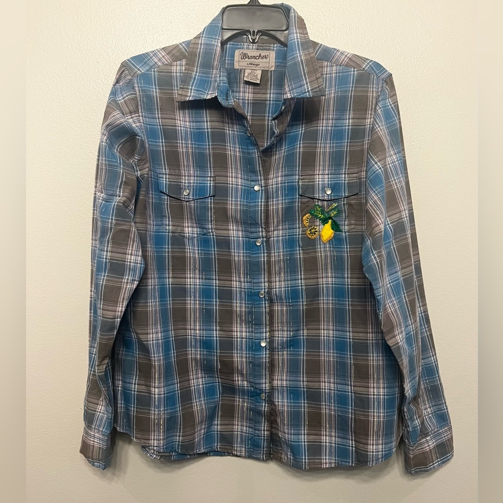 Wrancher by Wrangler Womens XXL Custom Stitch Blue Gray Western Pearl snap Shirt